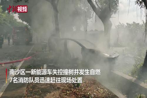 广州一辆特斯拉轿车撞树后起火燃烧