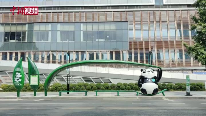 成都现大熊猫主题公交站 “熊猫君”为你遮阳挡雨