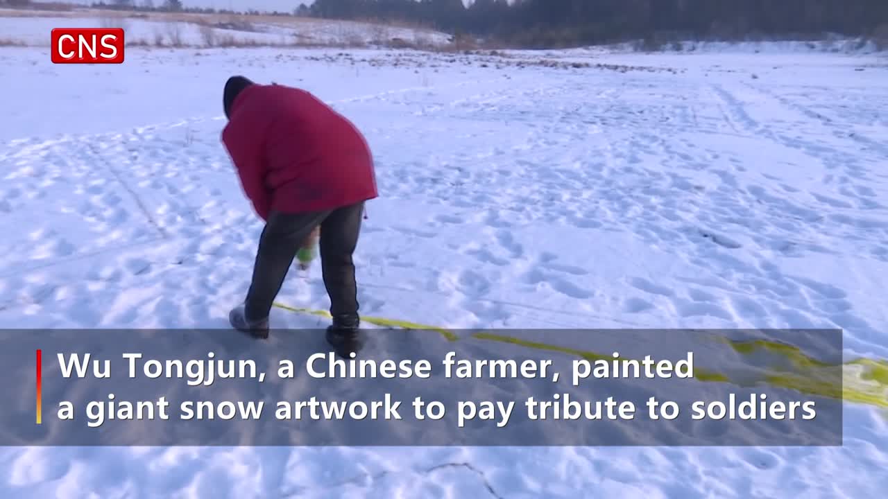 Chinese farmer paints giant soldier portrait in snow
