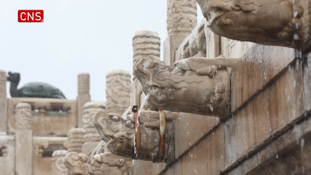 'Dragons' of ancient drainage system spout water in Palace Museum