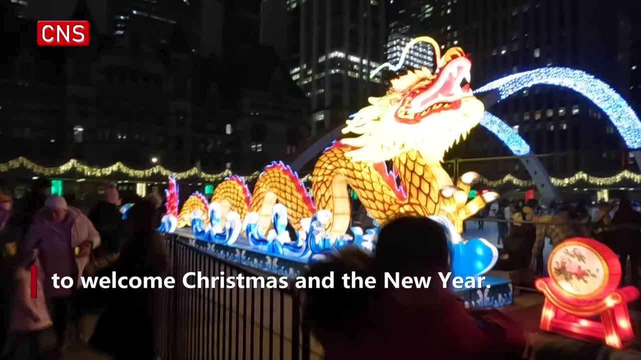Large Chinese dragon lantern attracts people in Toronto, Canada