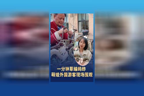 一分鐘草編螞蚱 萌娃外國(guó)游客現(xiàn)場(chǎng)圍觀
